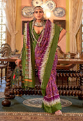 Monjolika Fashion Magenta & Olive Green Patola Design Zari Work Traditional Silk Blend Saree