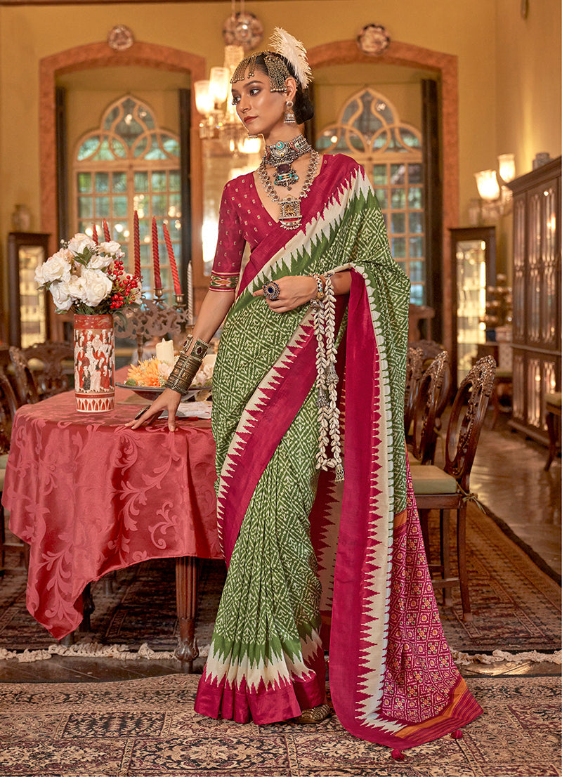 Monjolika Fashion Olive Green & Burgundy Patola Design Zari Work Traditional Silk Blend Saree