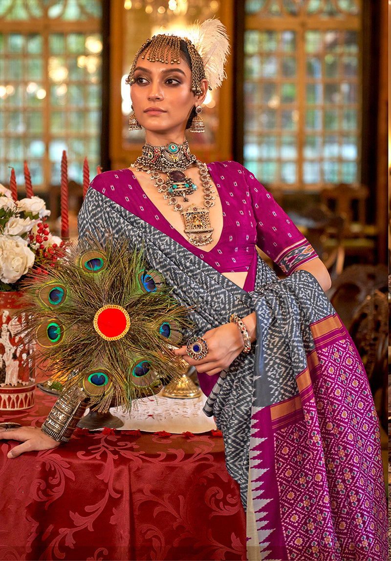Monjolika Fashion Grey & Magenta Patola Design Zari Work Traditional Silk Blend Saree