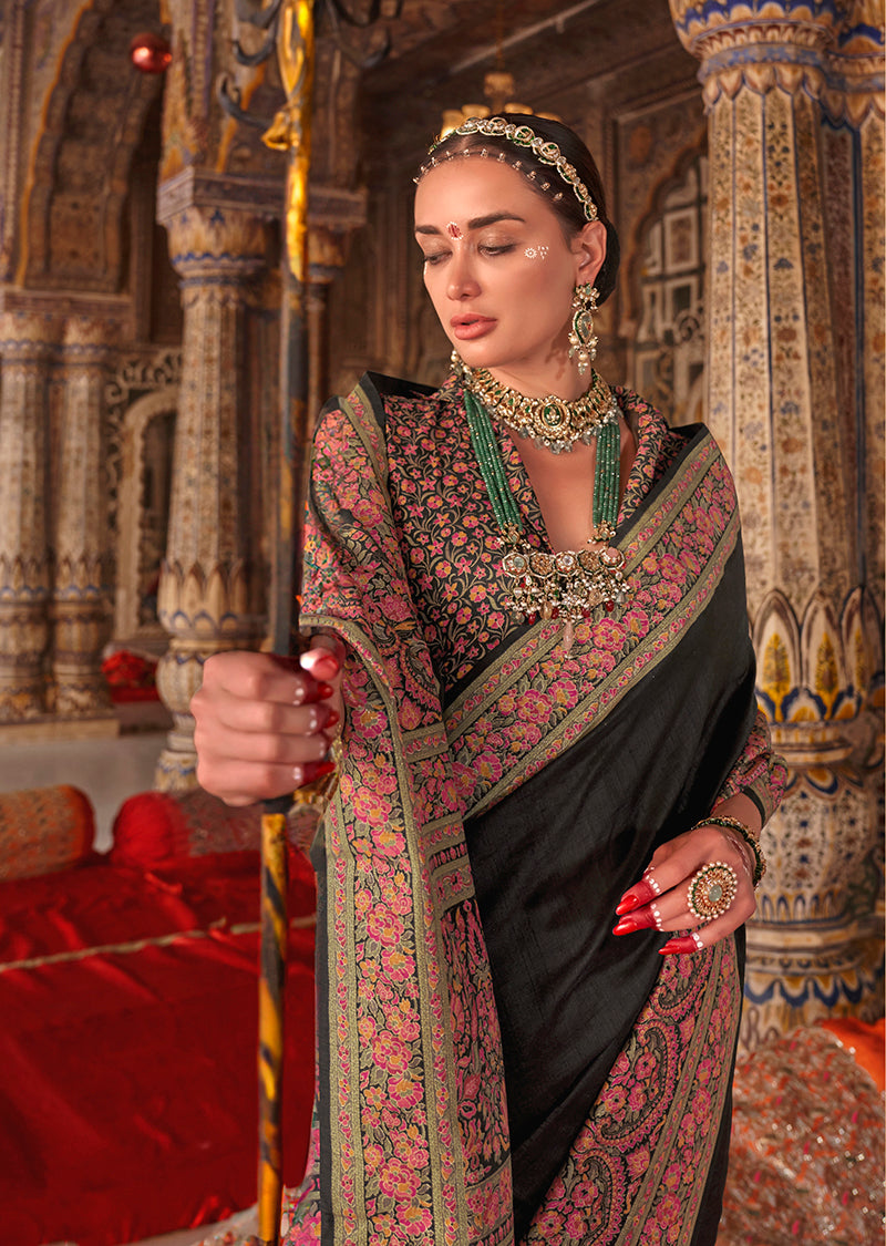 Monjolika Fashion Black Silk Blend Print Work Traditional Saree for Ceremonial