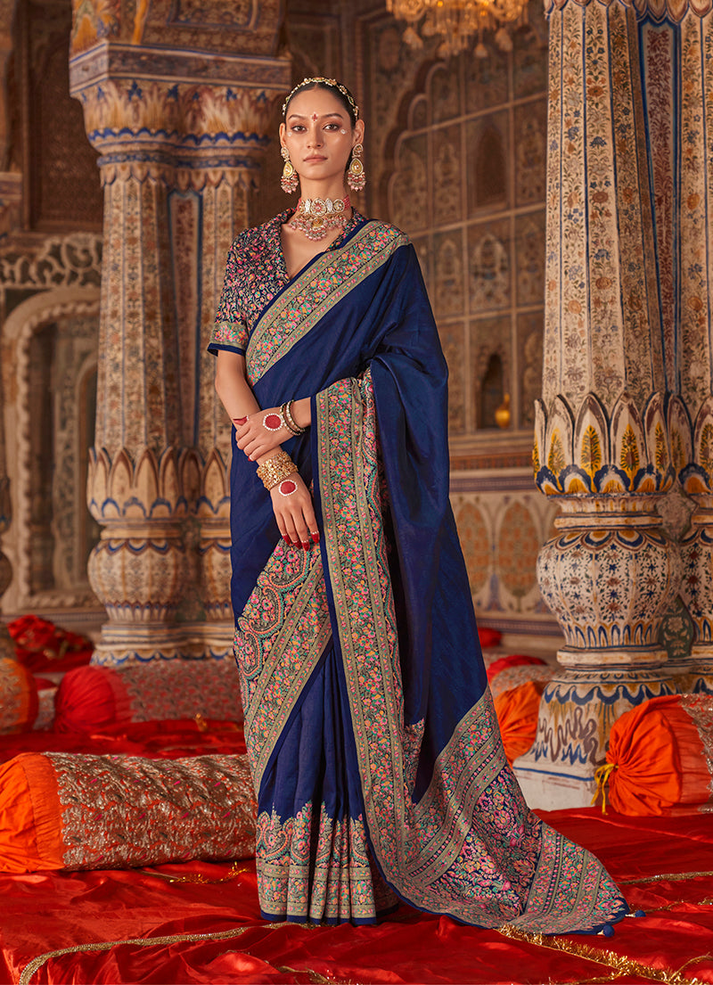 Monjolika Fashion Navy Blue Silk Blend Print Work Traditional Saree for Ceremonial