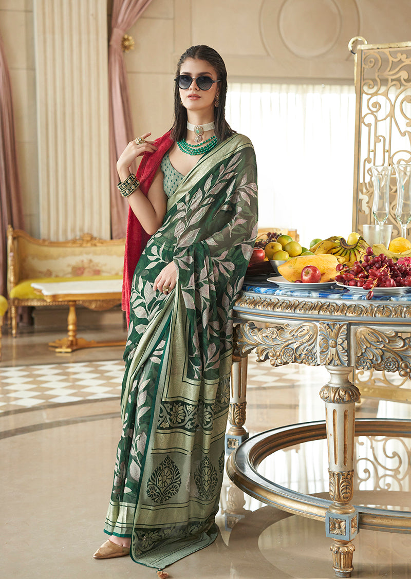 Monjolika Fashion Georgette Classic Saree with Fancy Work for Ceremonial in Dark Green