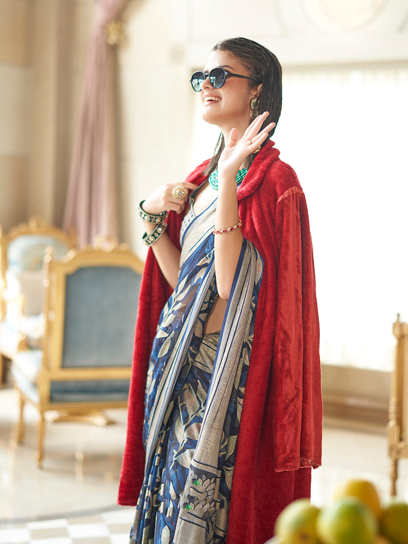 Monjolika Fashion Georgette Classic Saree with Fancy Work for Ceremonial in Navy Blue
