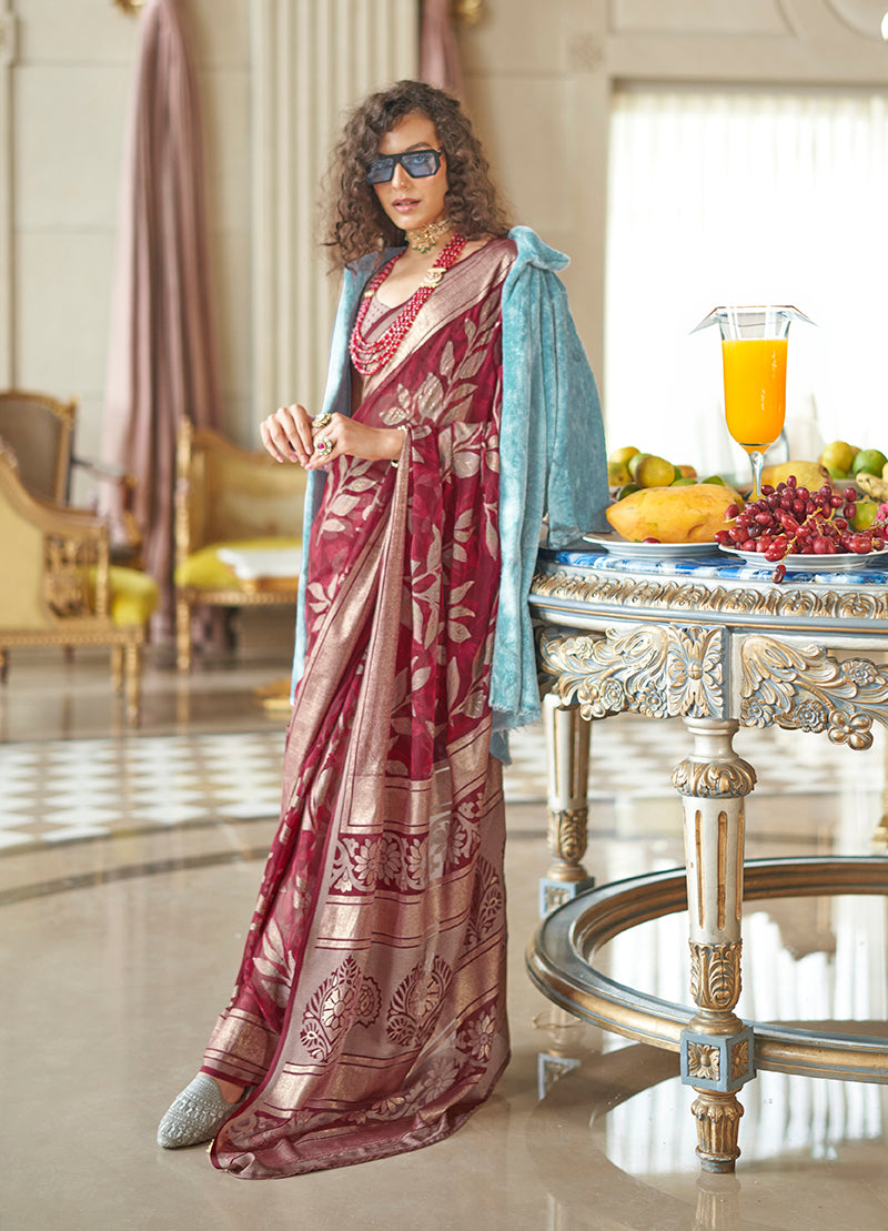 Monjolika Fashion Georgette Classic Saree with Fancy Work for Ceremonial in Red