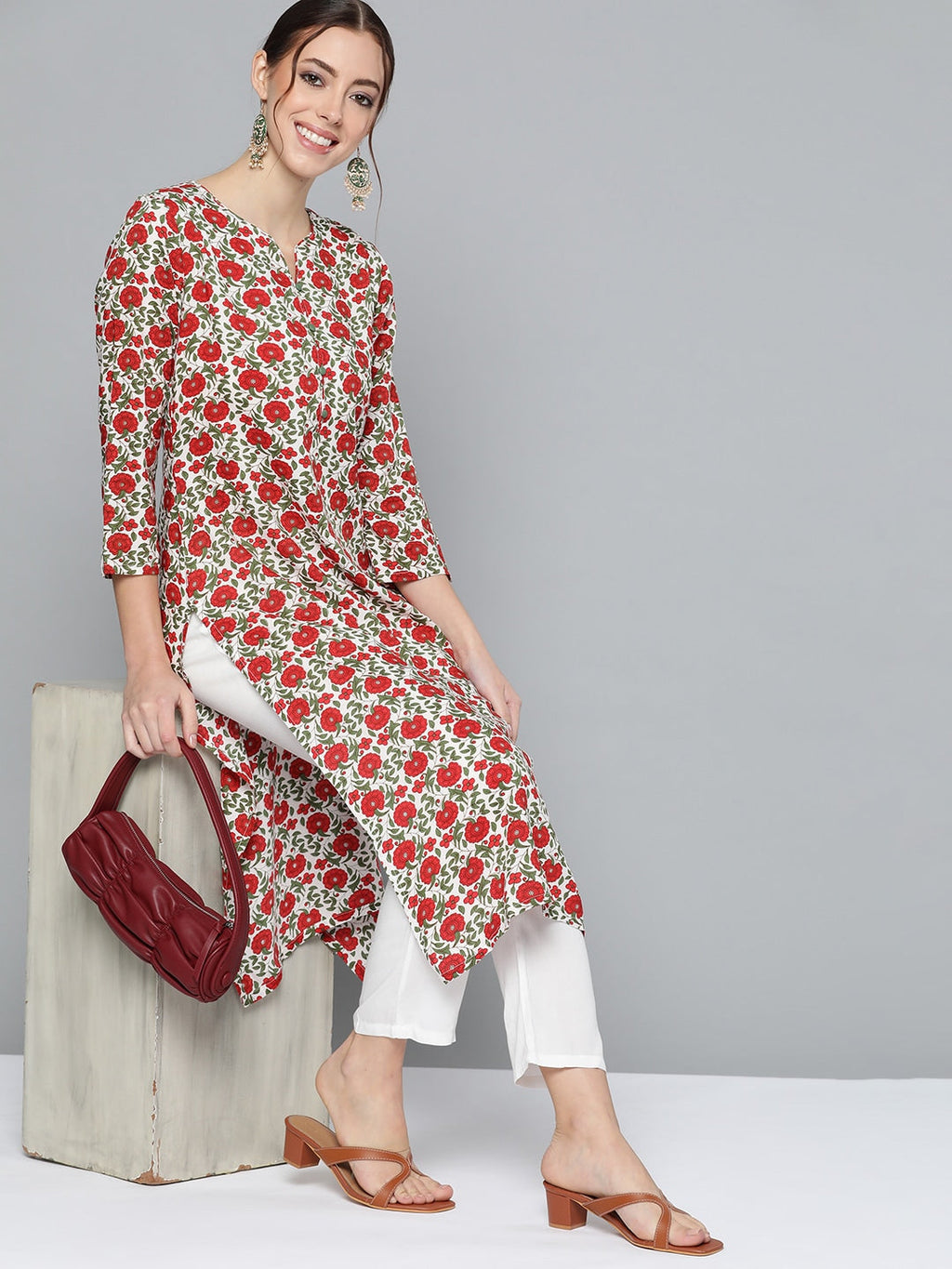 HERE&NOW Women Red & Green Floral Print Kurta