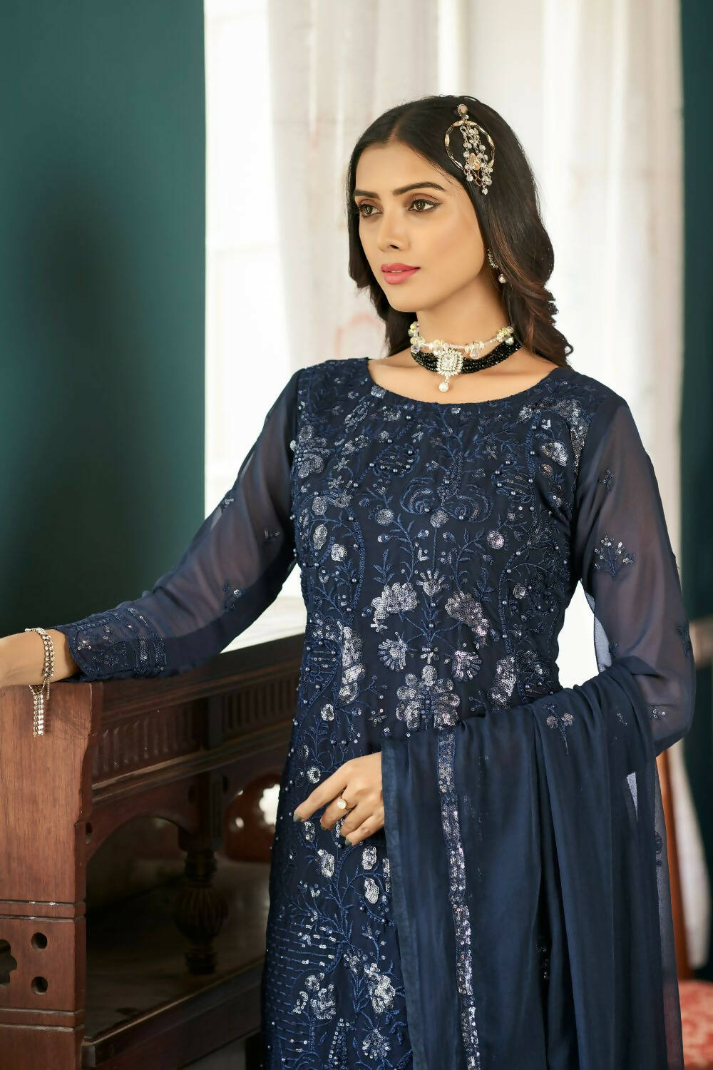 Blue Heavy Faux Georgette Embroidered Semi Stitched Suit - Dhvani