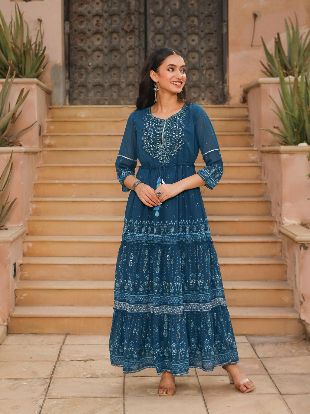 Juniper Women's The Dholitaro Blue Ethnic Motif Printed Georgette Tiered Dress With Sequins & Doris At Waist