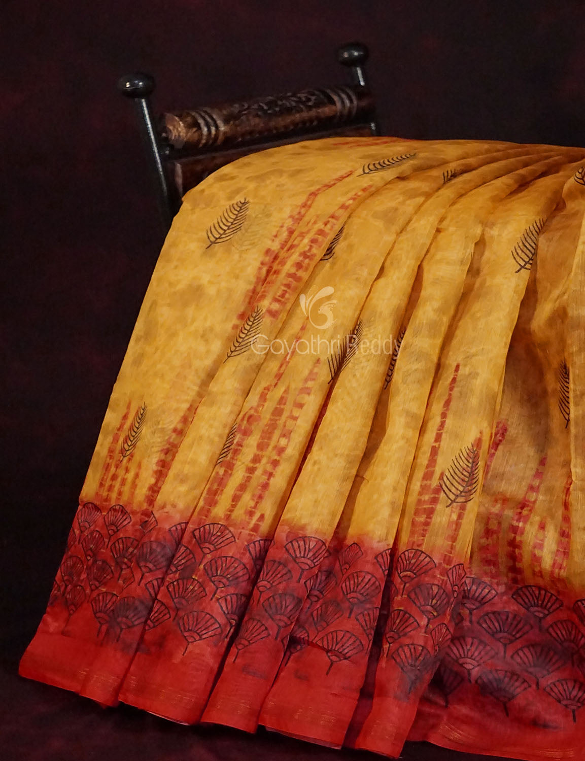 Yellow And Red Colour Block Print Semi Chanderi Saree By Gayathri Reddy Designer Studio