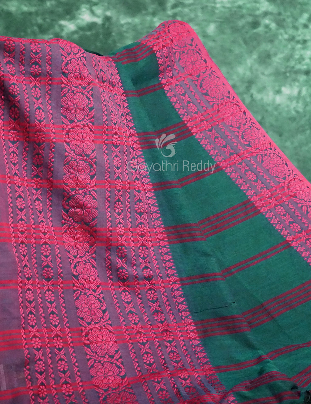 Bottle Green And Pink Colour Contrast Thread Border Khadi Cotton Saree By Gayathri Reddy Designer Studio