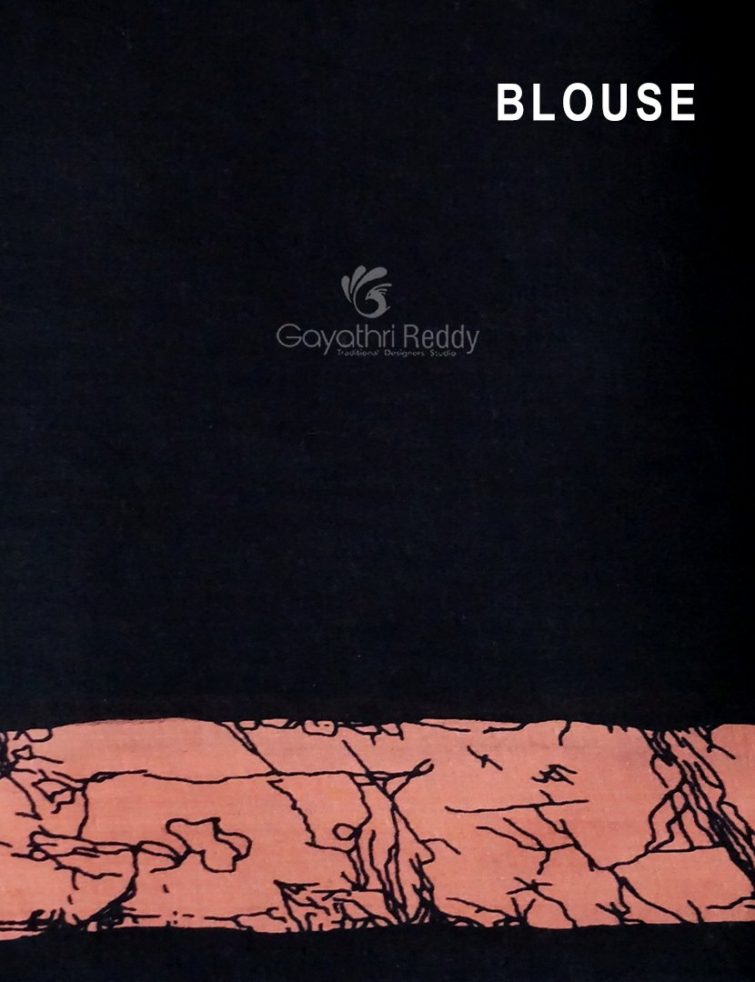 Peach And Black Block Print Pure Mulmul Cotton Saree By Gayathri Reddy Designer Studio