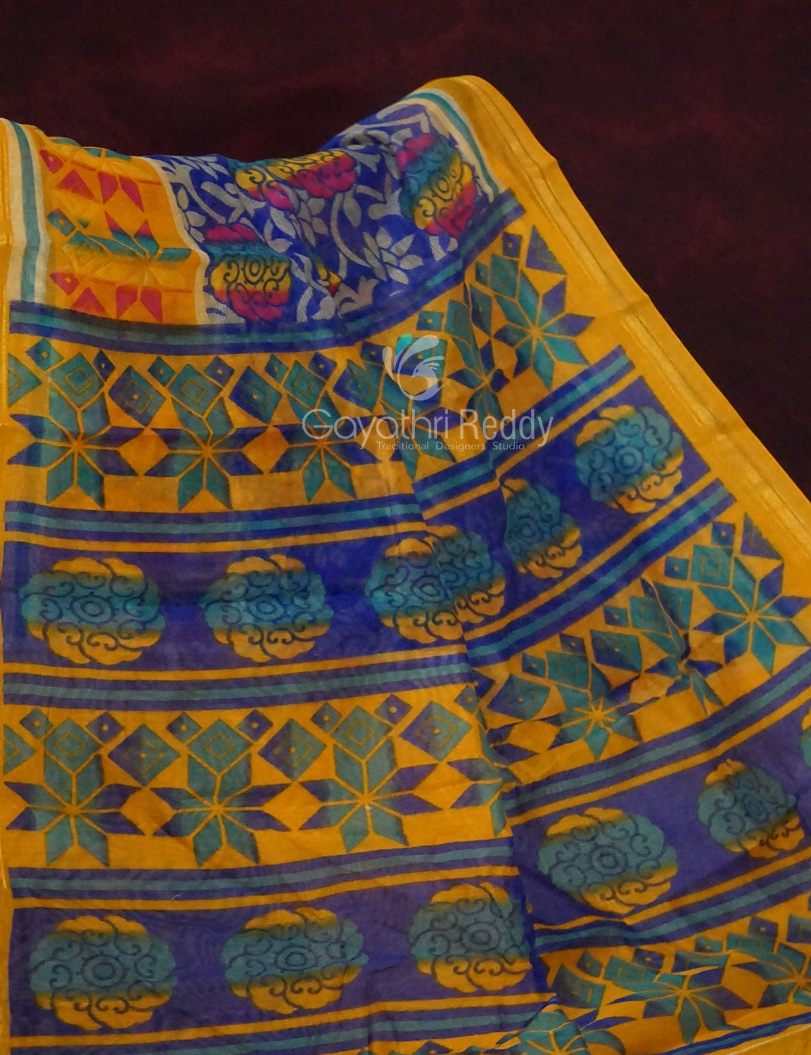 Ink Blue Printed Semi Chanderi Saree By Gayathri Reddy Designer Studio