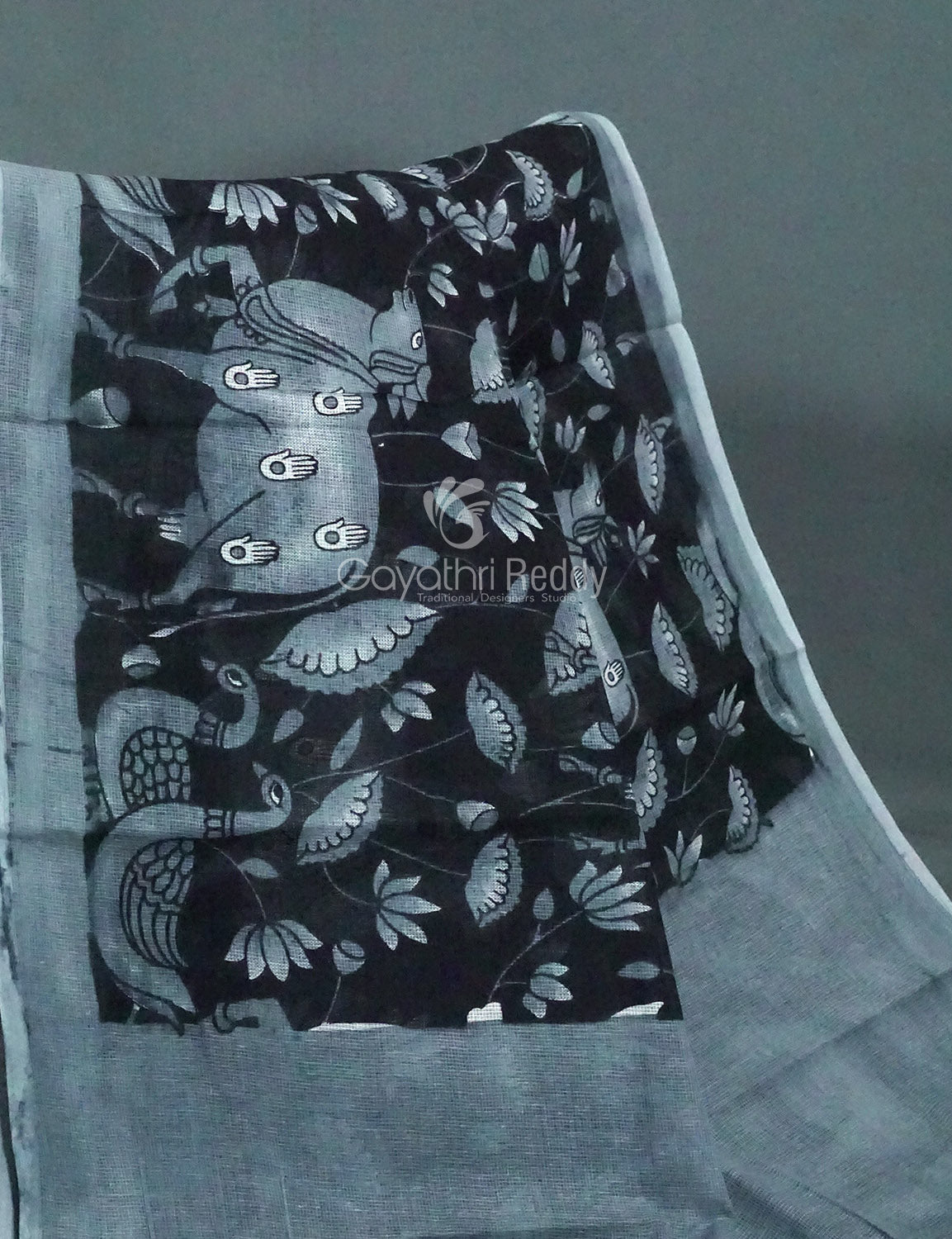 Black and Grey Pichwai Print Munga Cotton Saree By Gayathri Reddy Designer Studio
