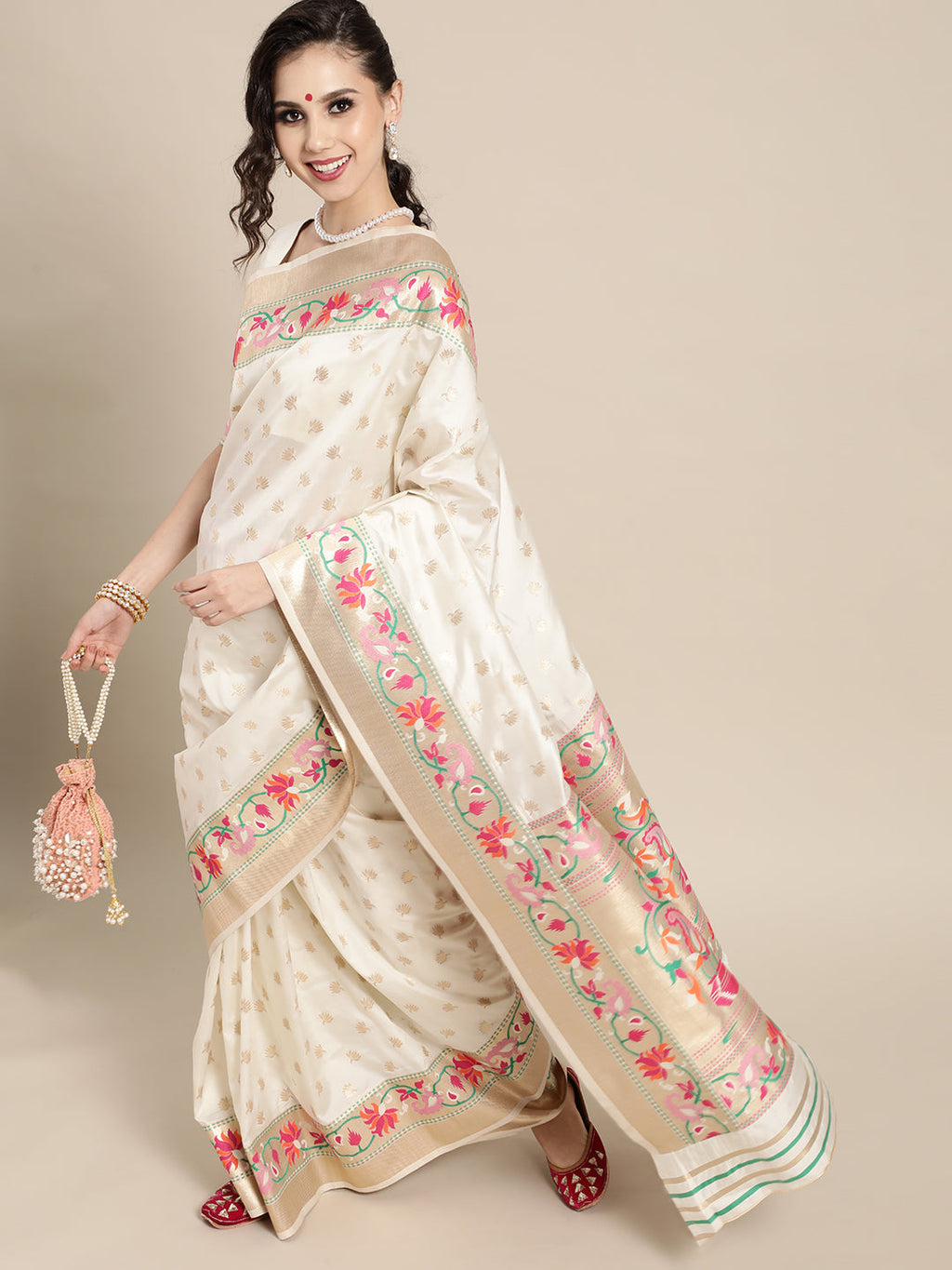 Saree Mall Off White & Golden Woven Design Banarasi Saree