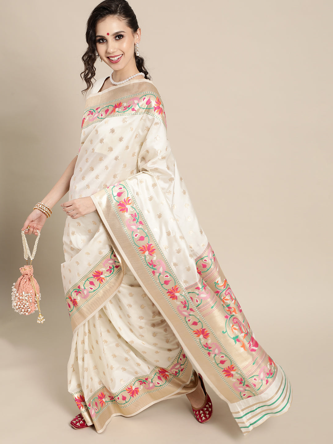 Saree Mall Off White & Golden Woven Design Banarasi Saree