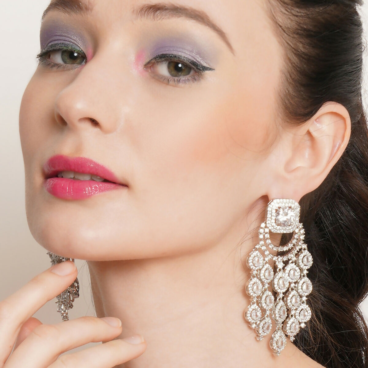 Long Diamond Studded Dangler Earrings- Ruby Raang