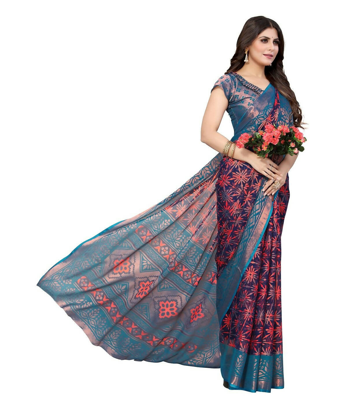 Vamika Navy Blue Chiffon Brasso Bollywood Style Woven Saree (DEVINA NAVY)