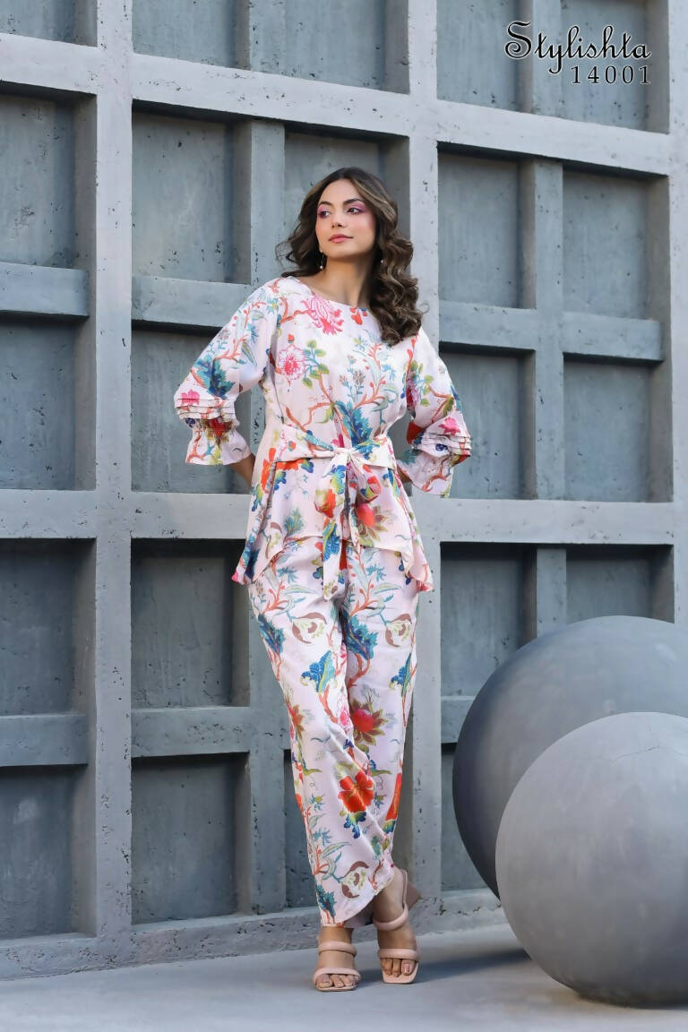 Women's Partywear Designer White & Multi Muslin co-ord set - Stylishta