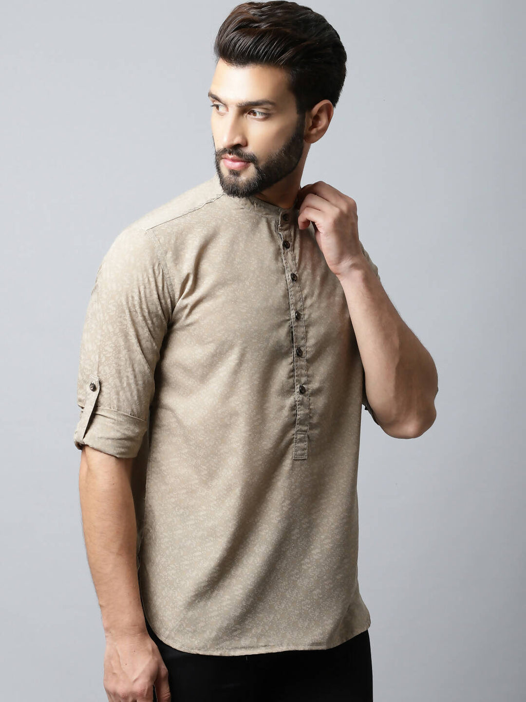 Even Apparels Beige Color Pure Cotton Men's Kurta With Band Collar (SLD072)