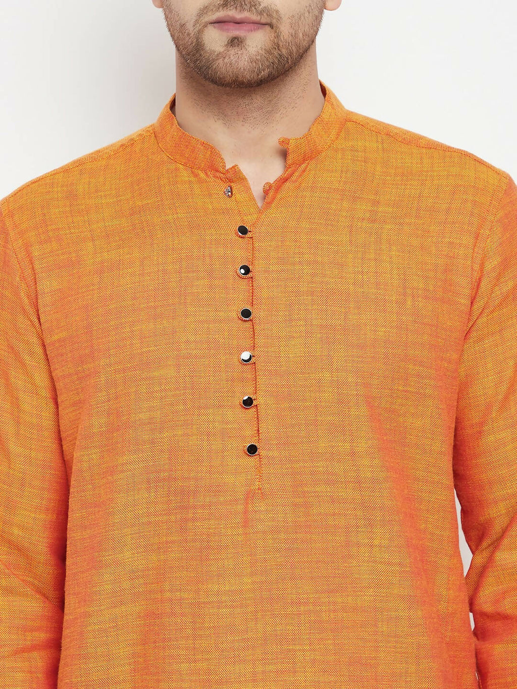 Even Apparels Orange Pure Cotton Long Men's Kurta With Band Collar