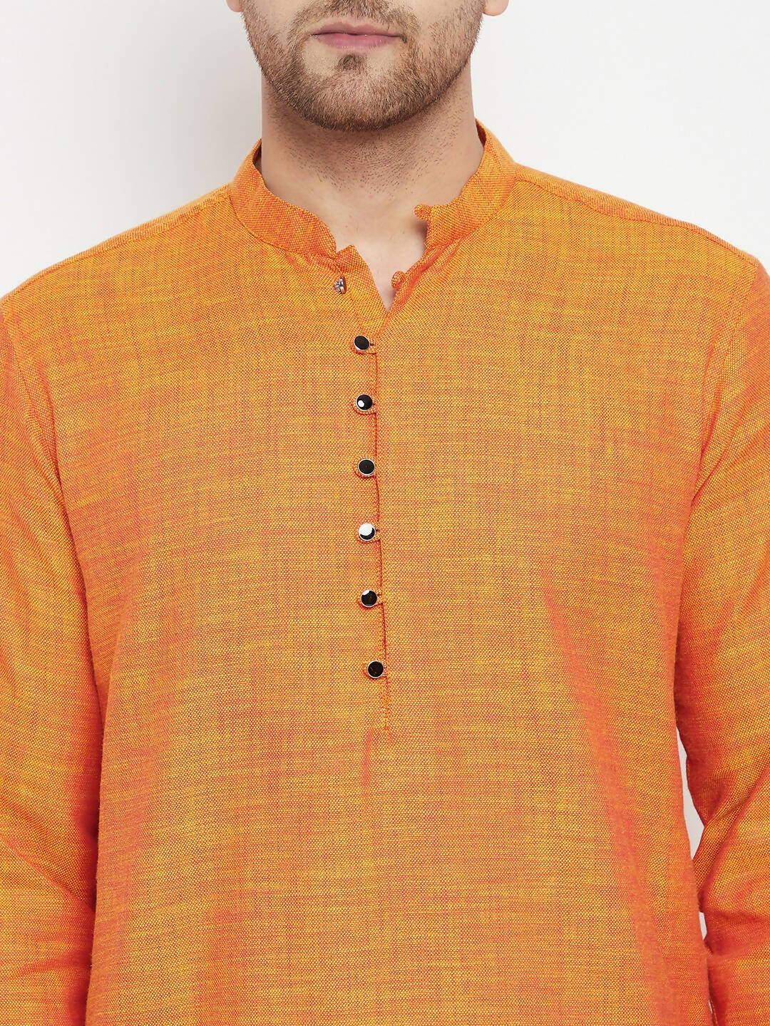 Even Apparels Orange Pure Cotton Long Men's Kurta With Band Collar