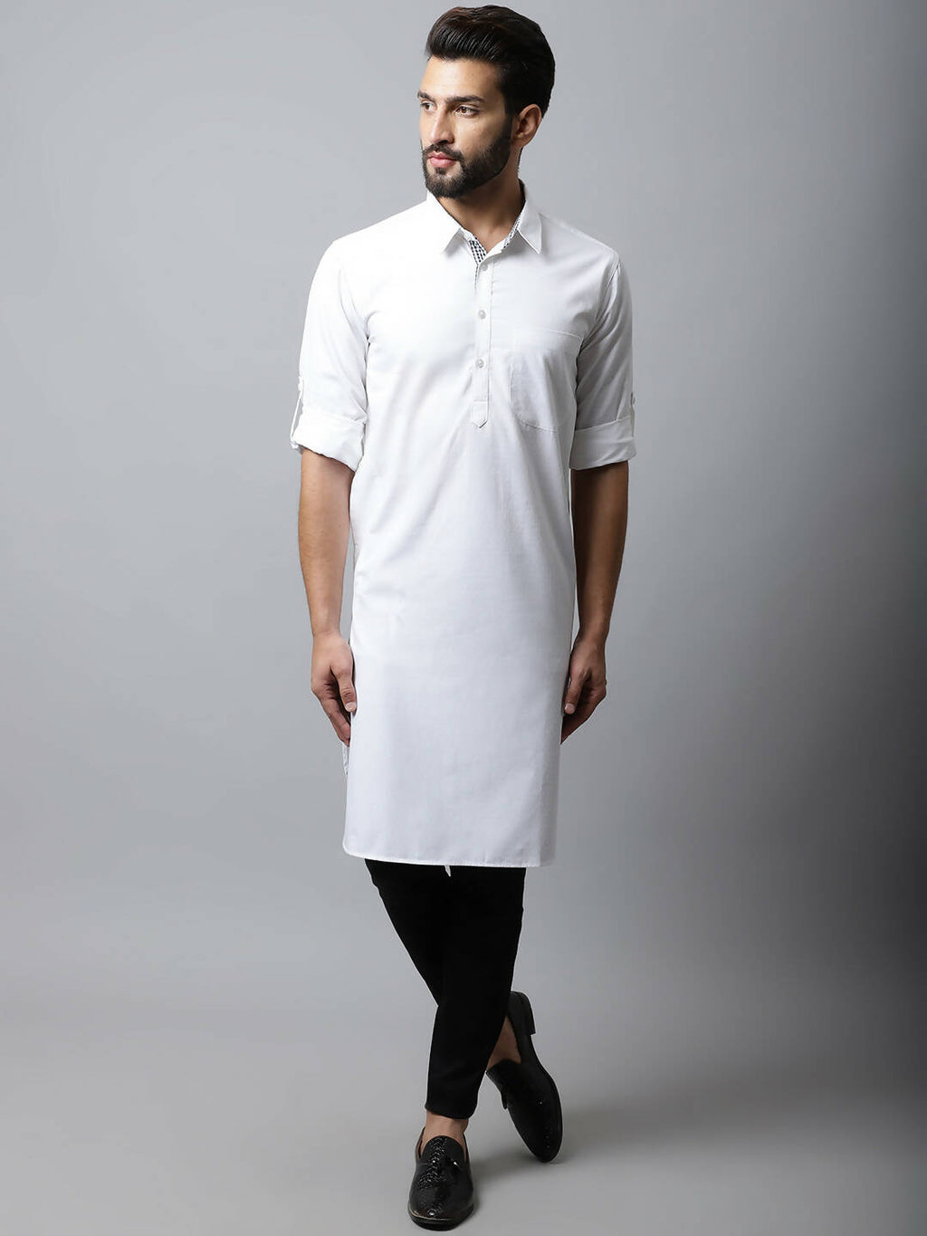 Even Apparels White Color Pure Cotton Solid Men's Kurta With Shirt Collar (SLD1203)