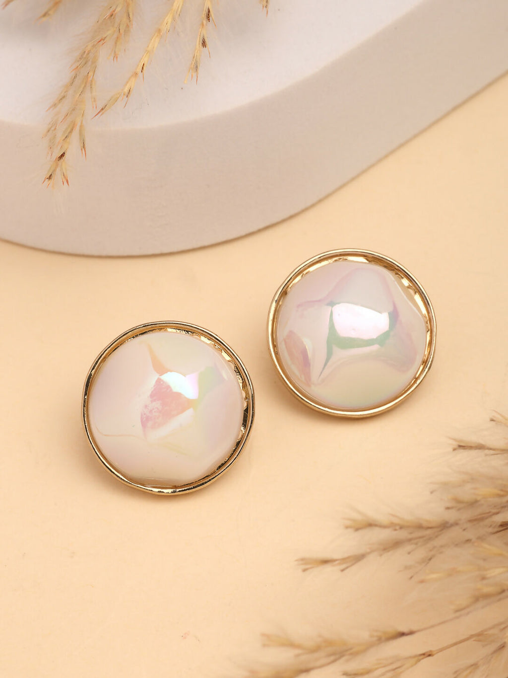 NVR Wome's Gold-Polished Pearl Studded Circular Studs Earring