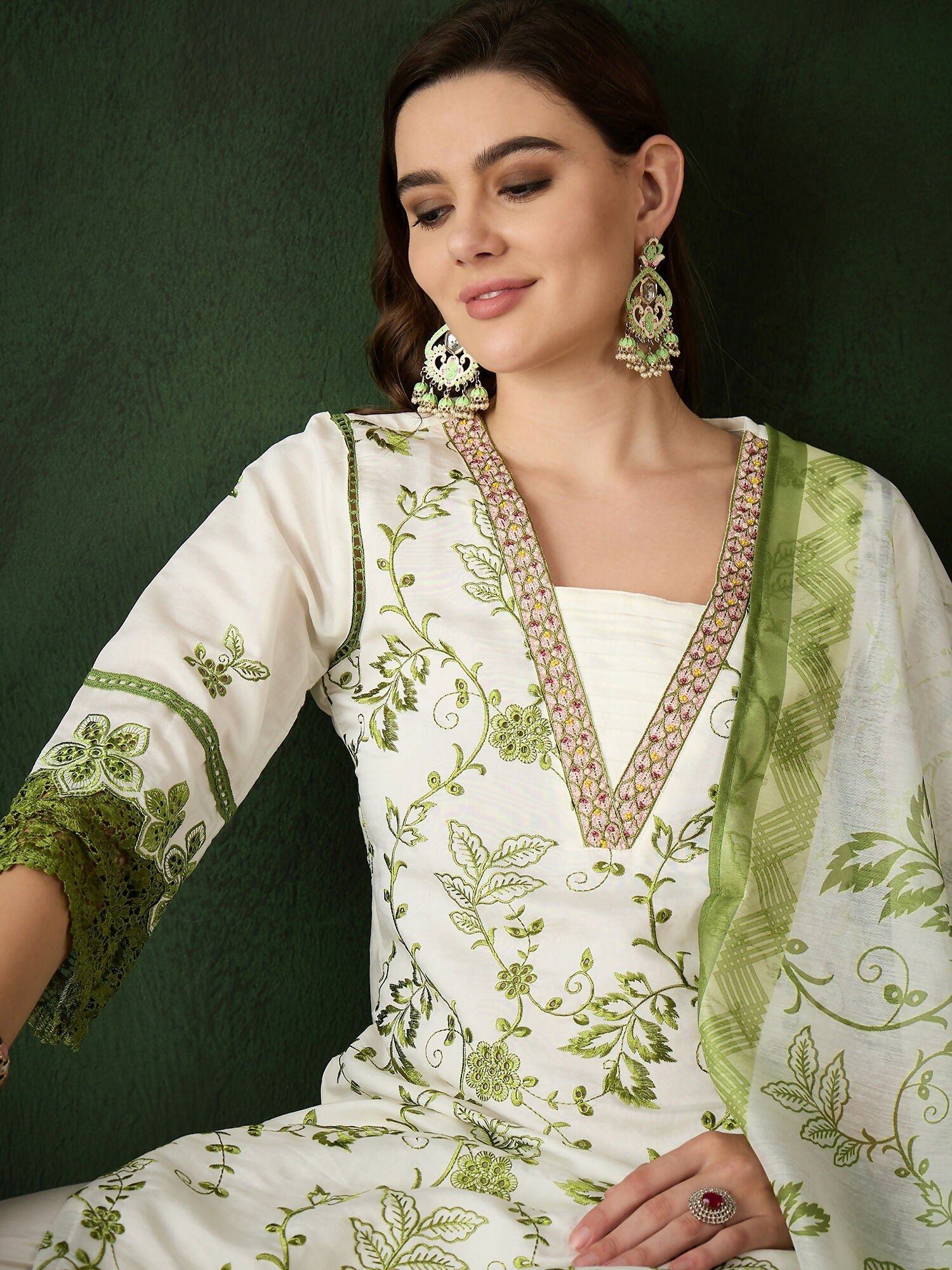 Green & White Roman Silk Embroidered Kurta With Trouser & Dupatta - Bhumi