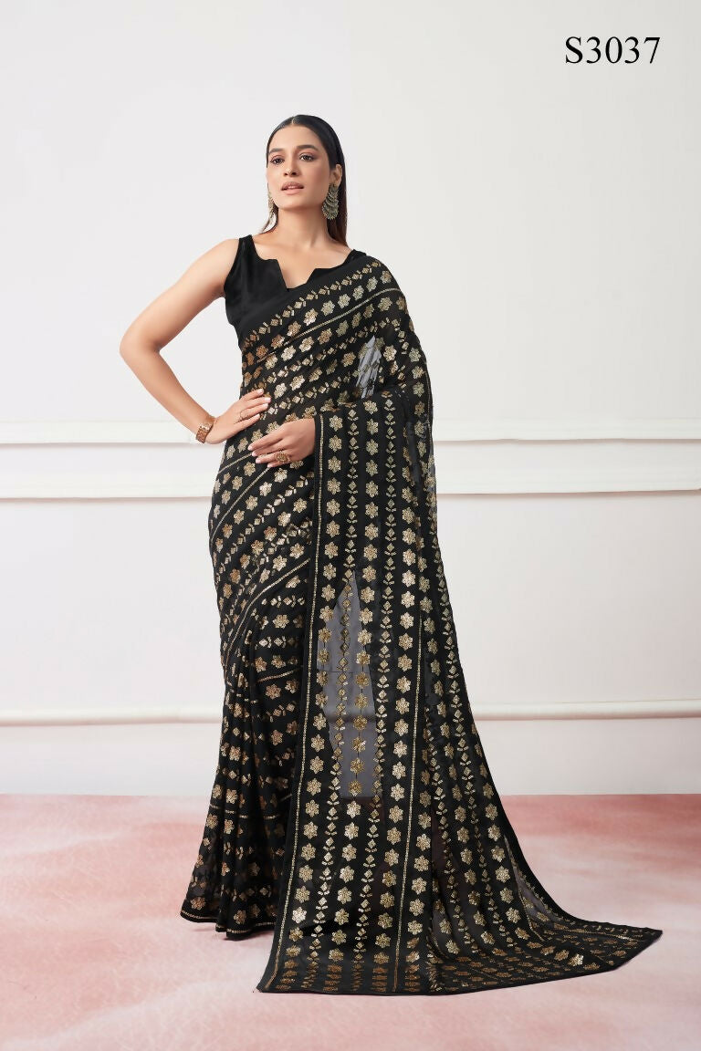 Black Georgette Sequance Embroidery Work Saree with Unstitched Blouse - Vandini