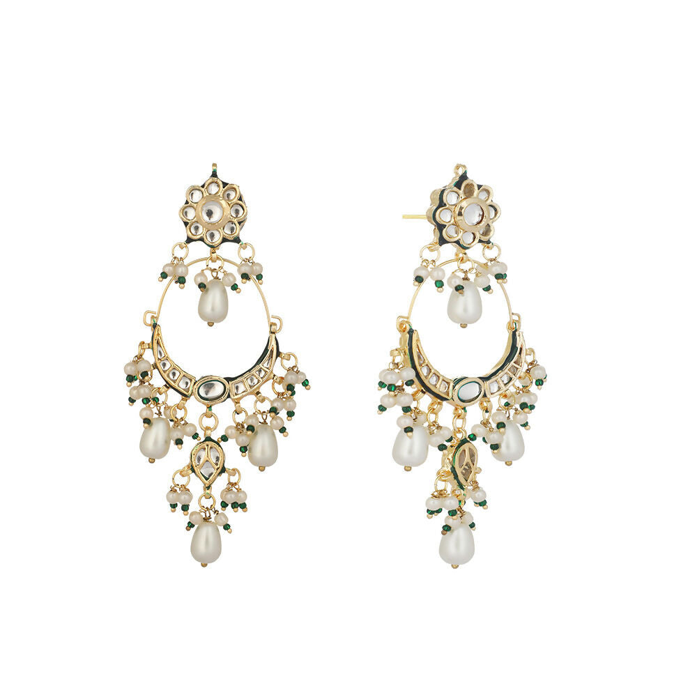 Nuyug 22K Gold Plated Crescent Kundan Drop Pearl Chandbali Earrings