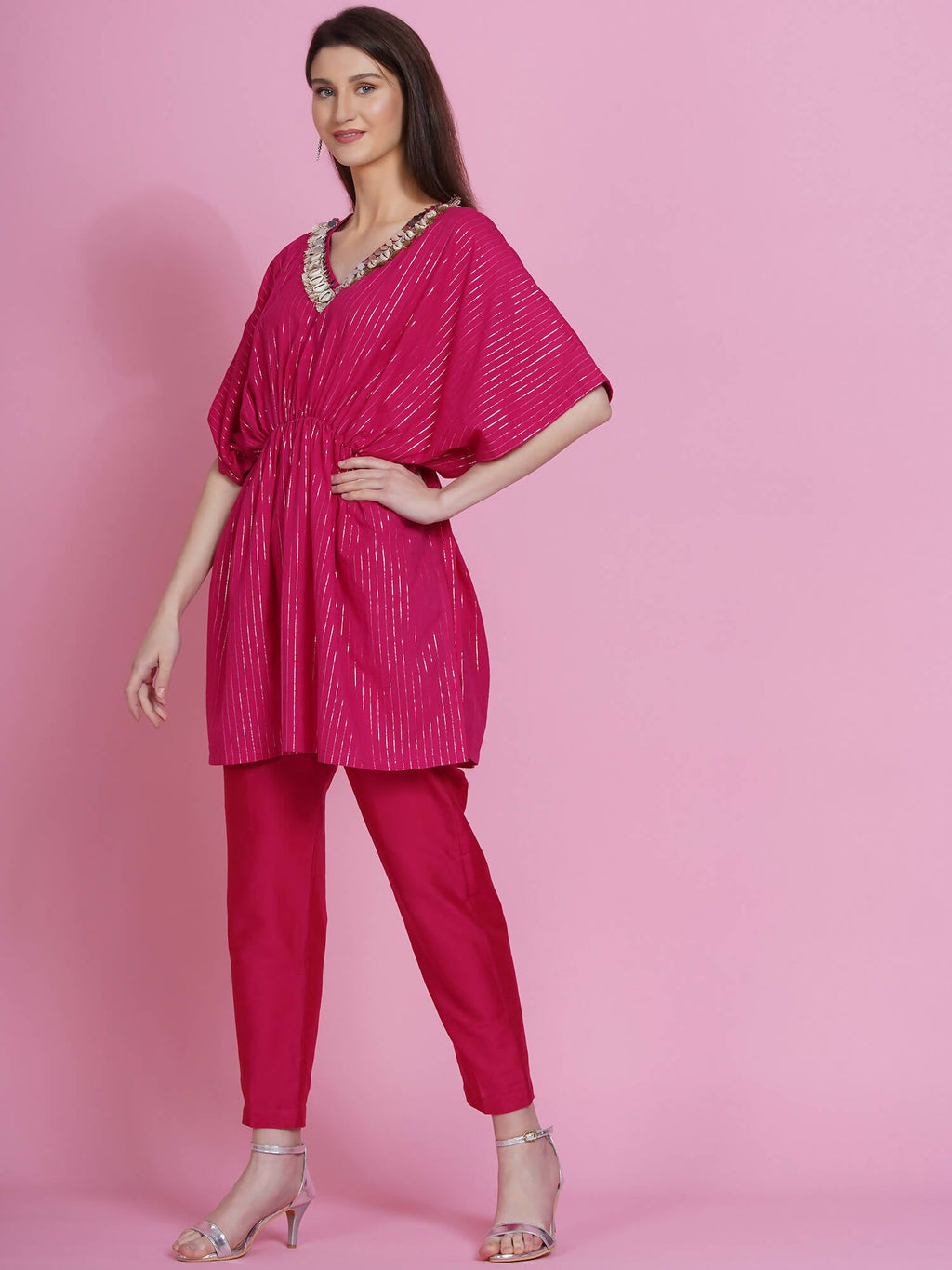 Women Republic Pink Lurex Cotton Kaftan Style Kurta With Pants