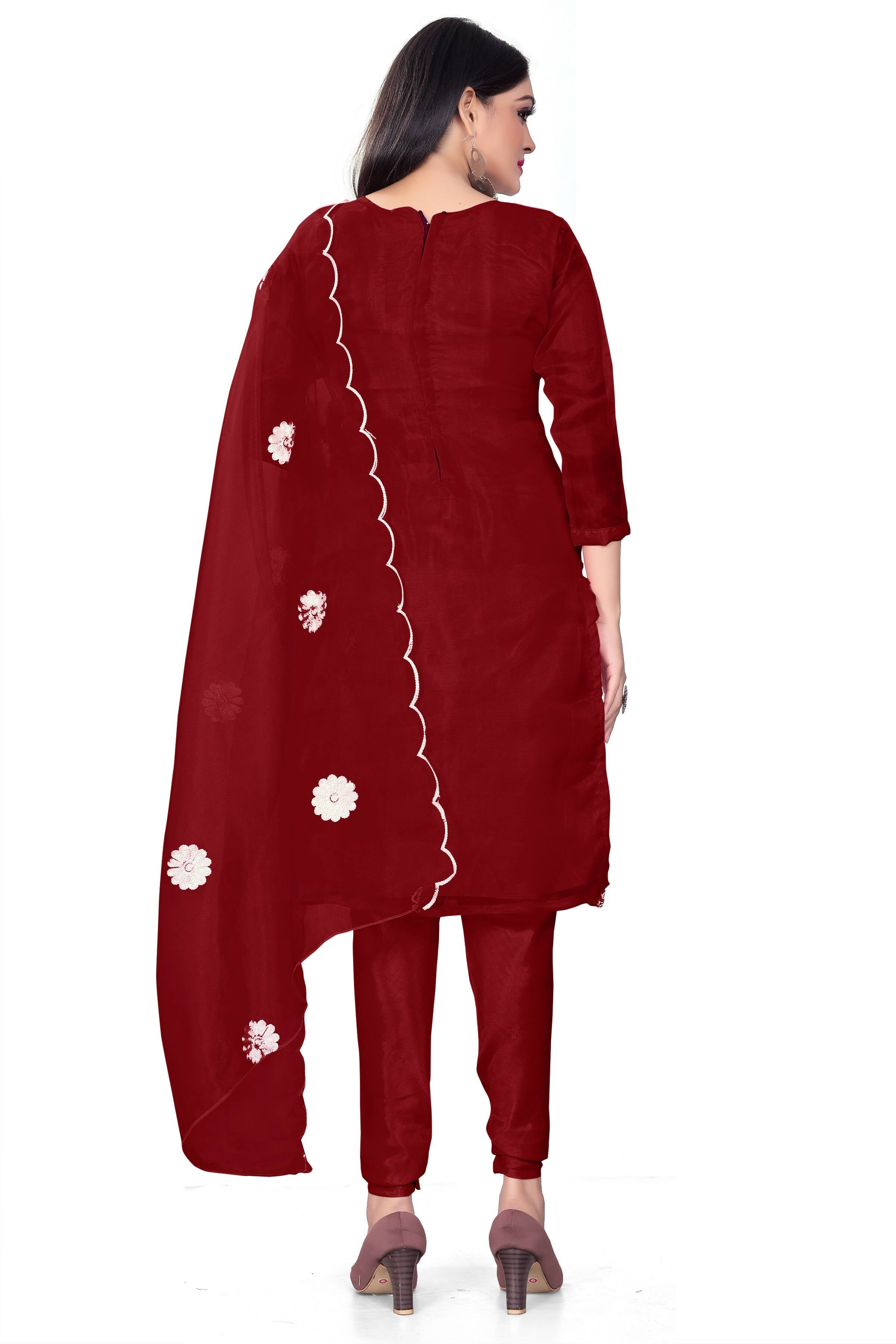 Maroon Organza Silk Embroidered Work Unstitched Dress Material - Tanvi
