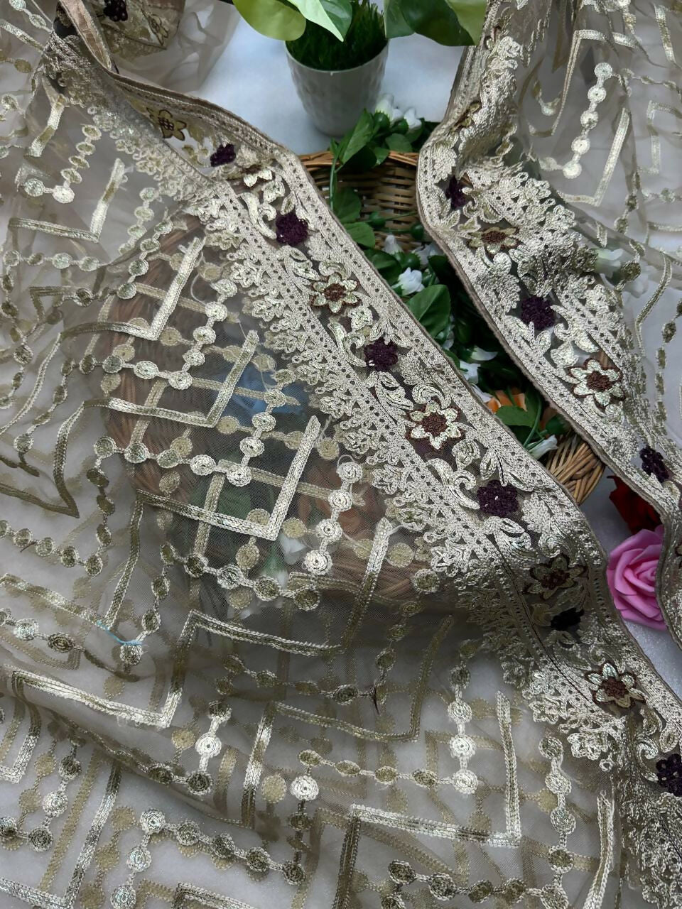 Vastranavya Butterfly Net Designer Chain Stitch Embroidery Work with Foil Thread & Stone Work Saree with Blouse Material - Beige