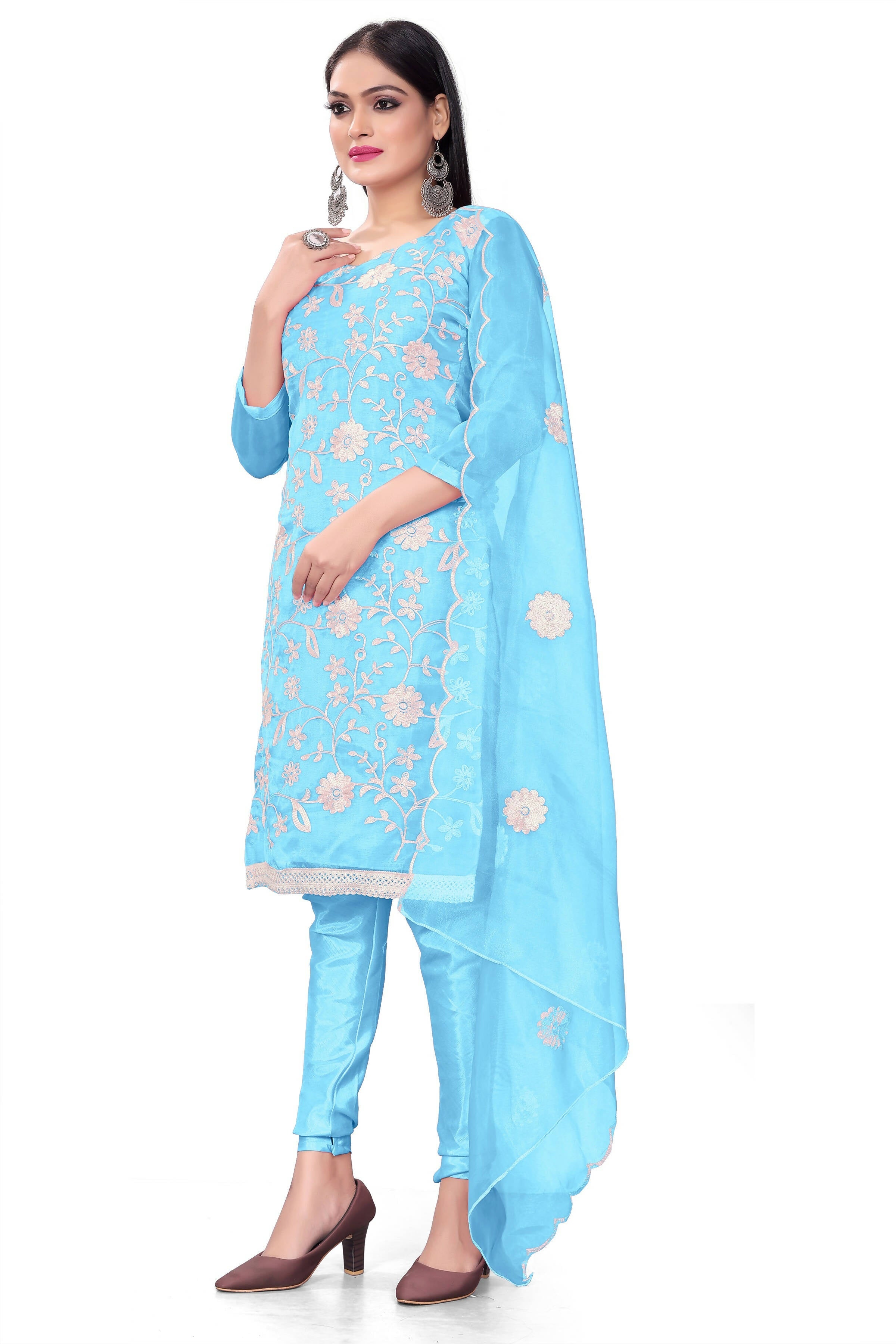 Sky Blue Organza Silk Embroidered Work Unstitched Dress Material - Tanvi