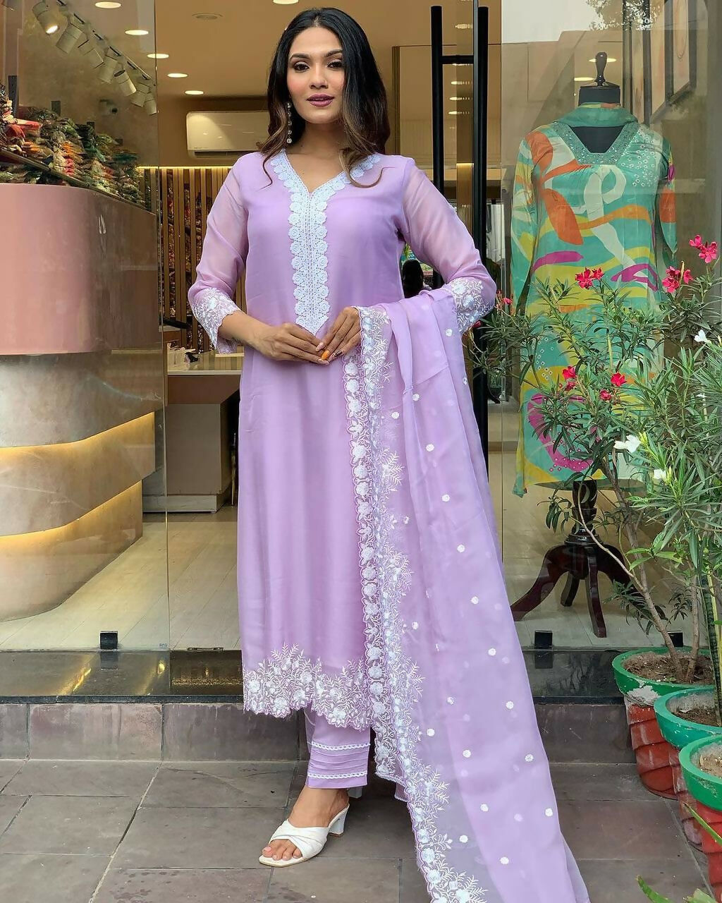 The52 Lavender Women's Gorgeous Embroidered Georgette Fabric Straight Kurta Pant with Dupatta Set