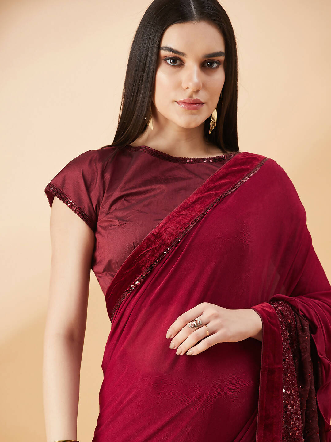 Maroon Lycra Embossed Fancy Velvet, Sequins Embroidery, Frill Details Saree - Norita Hit Design