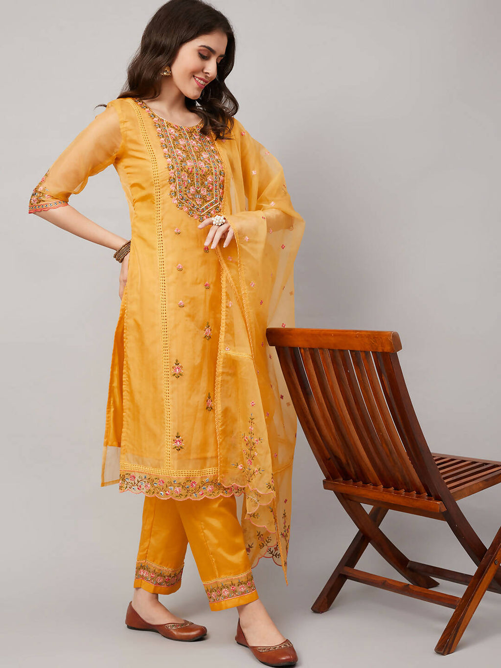 Yellow Organza Embroidered Kurta with Bottom & Dupatta - Salimar