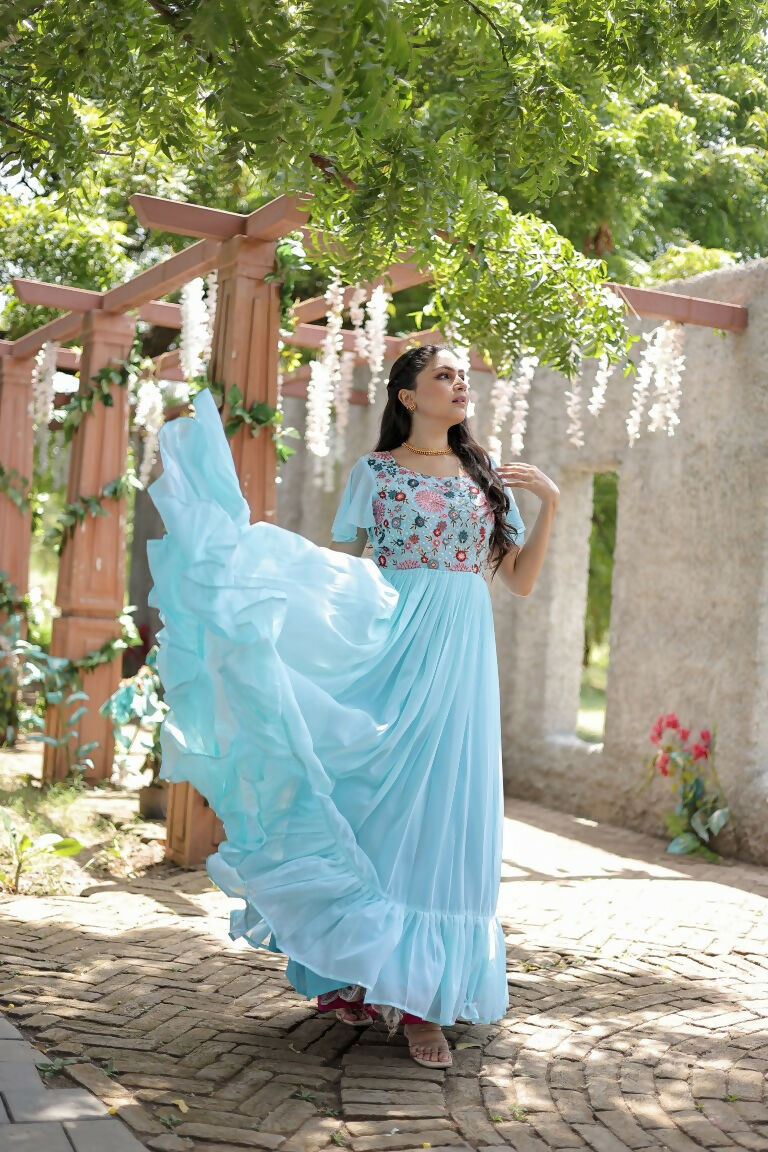 Jyoti Fashion Women's Sky Blue Sequins Thread Embroidery Faux Georgette Anarkali Dress