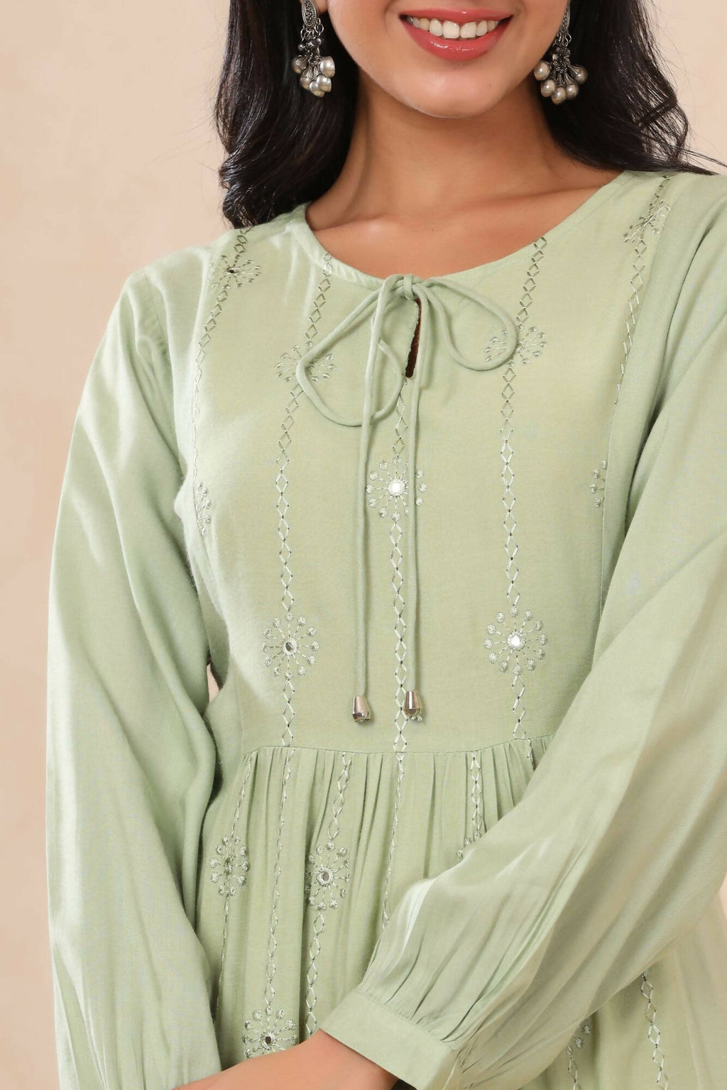 Juniper Women Lightolive Rayon Embroidered A-Line Dress