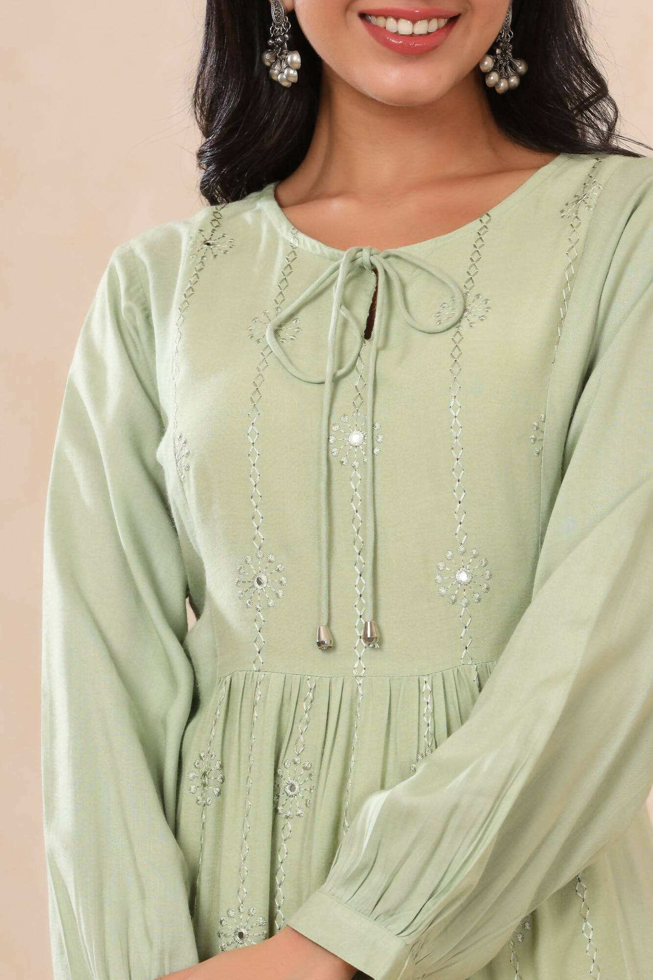Juniper Women Lightolive Rayon Embroidered A-Line Dress