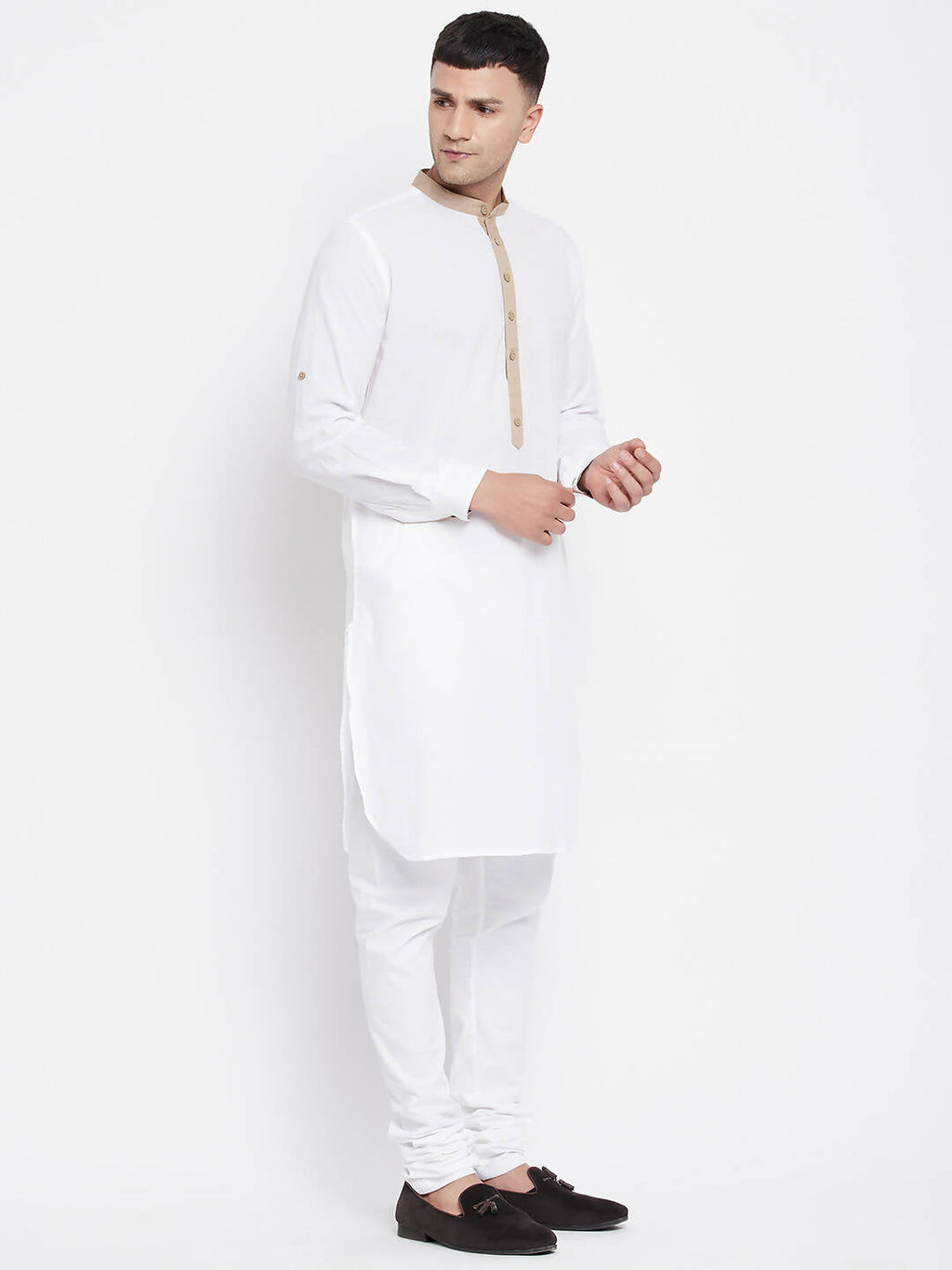 Even Apparels Beige Color Pure Cotton Men's Kurta With Band Collar