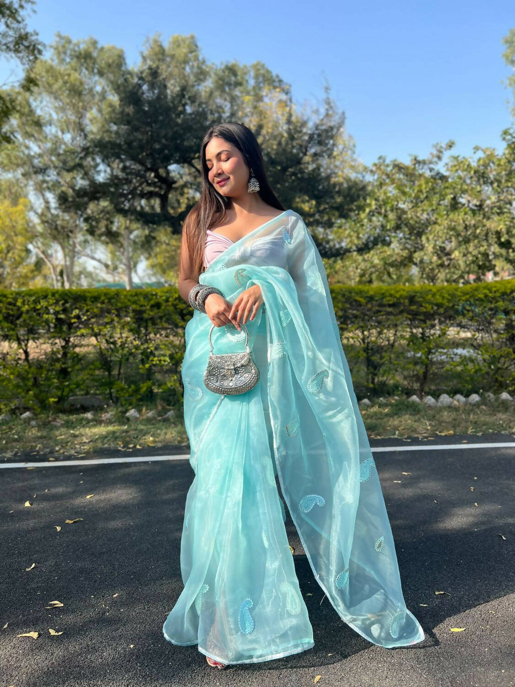 Vamsee Sky Blue Organza Saree