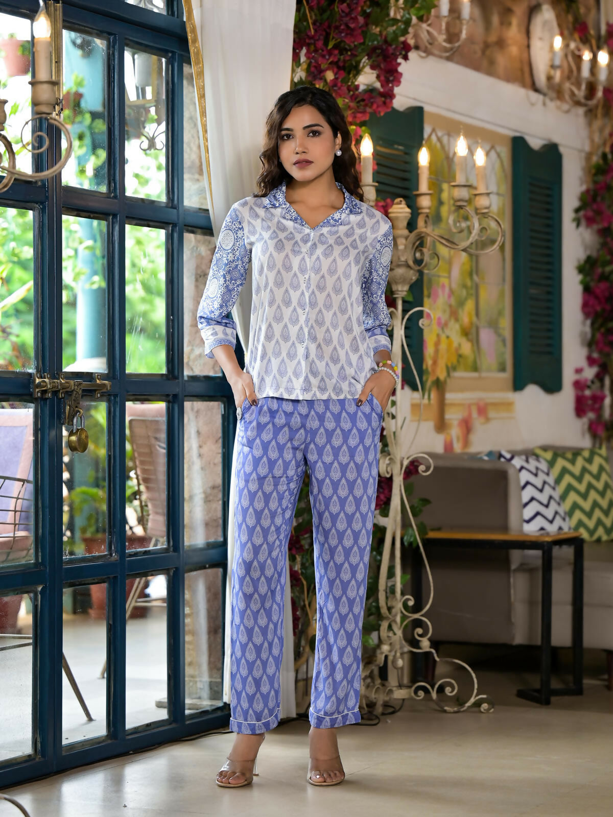 Juniper Women's Purple Ethnic Motif Printed Viscose Kurta & Pants Set With Buttons