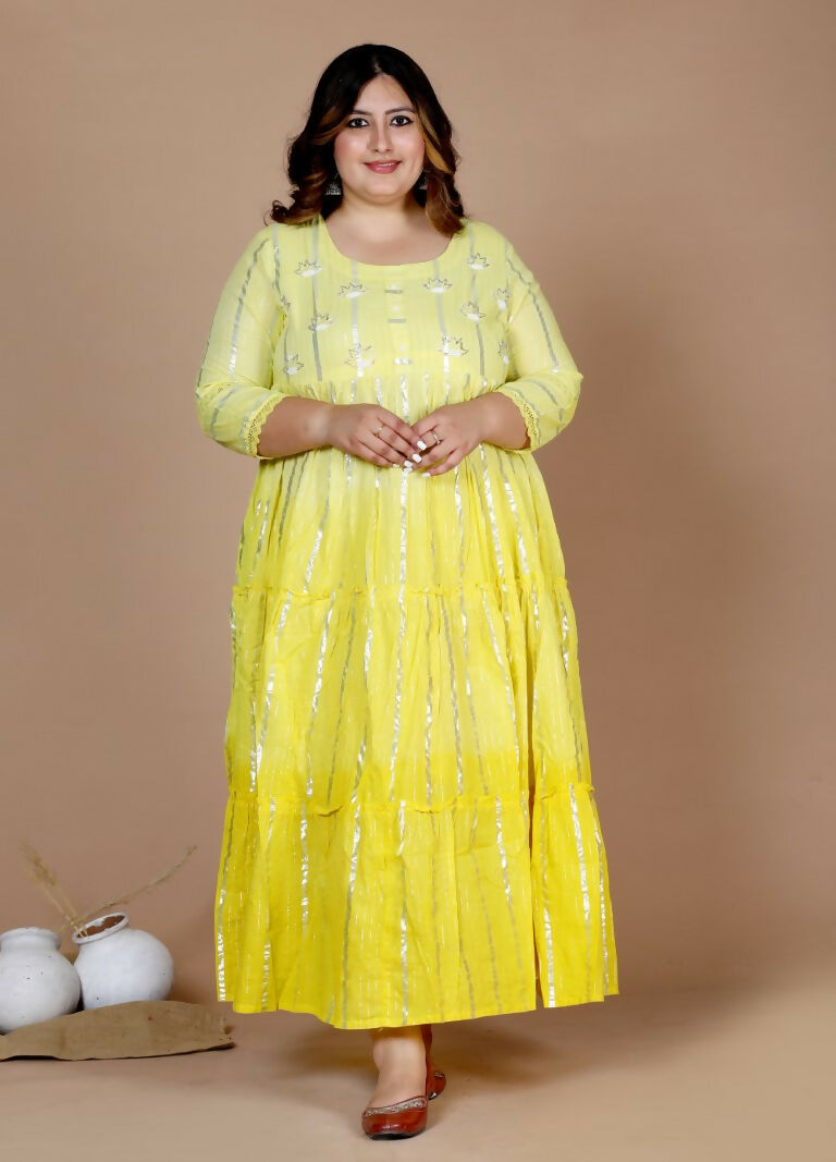 Miravan Women's Plus Size Cotton Embroidery And Lace Work Yellow Party Wear Anarkali Kurta