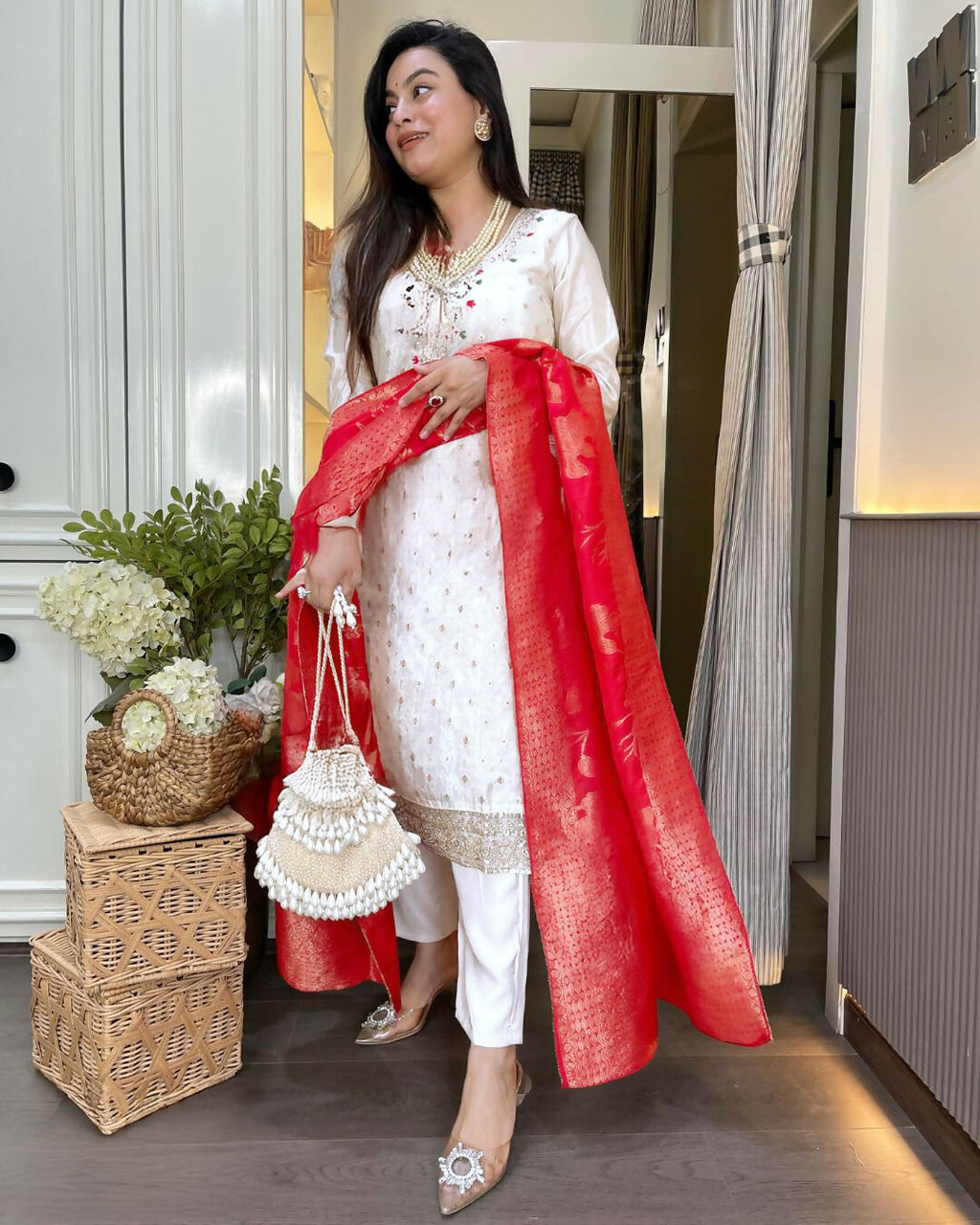 The52 White Women's Beautiful Chanderi Jacquard Fabric Embroidered Work Straight Kurta Pant and Dupatta Set