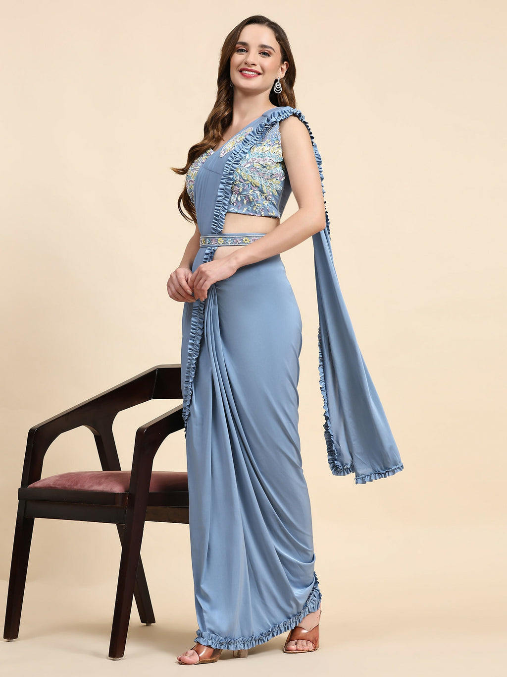Blue Lycra Solid Ready to wear Saree with stitched Blouse - Vanita