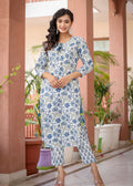 Kaajh Women's White Blue Floral Print Kurta Pant Set