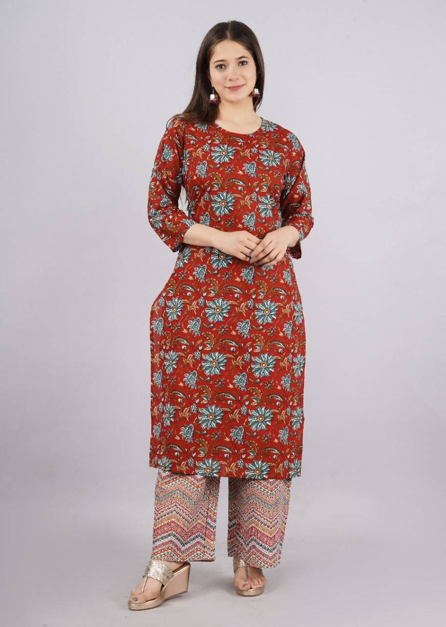 Vamika Printed Cotton Red Party Wear/Casual Wear Kurta Set/Suit
