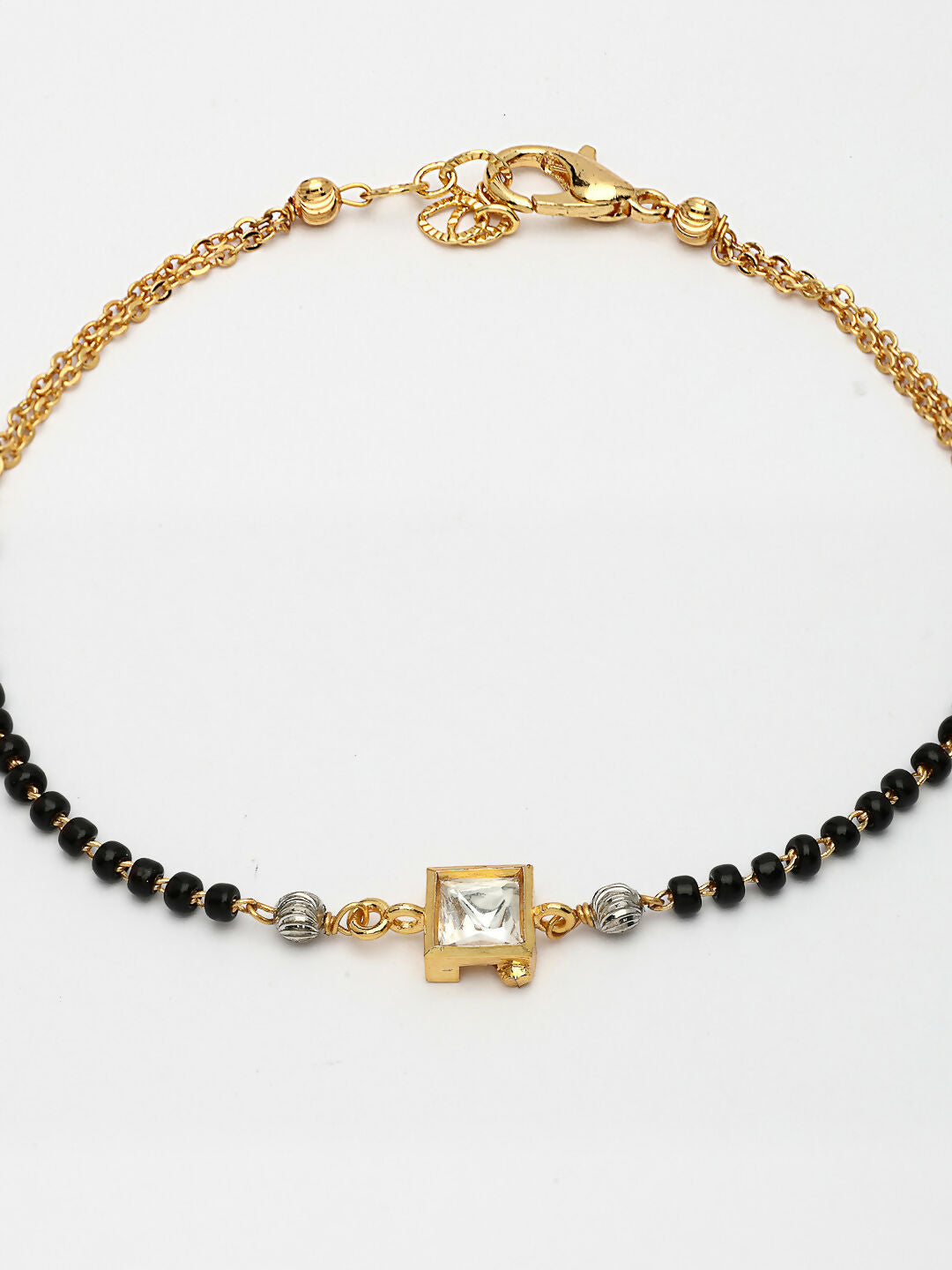 NVR Women Gold-Polished & Black Brass Stone-Studded Hand Mangalsutra Link Bracelet