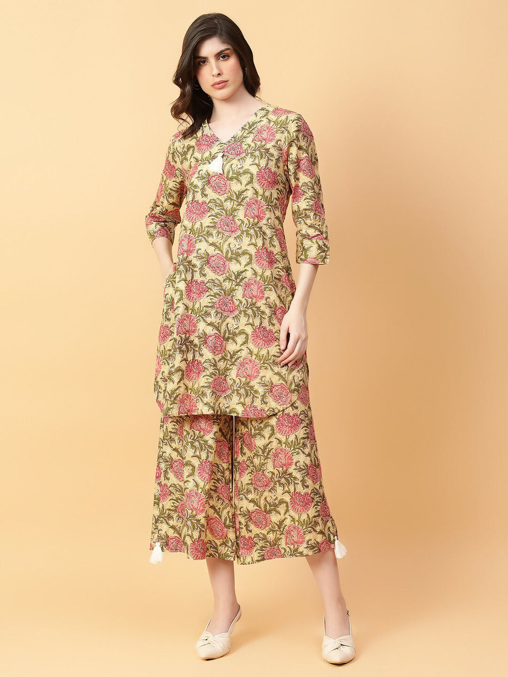 Joban Fashion Beige Cotton Printed & Hand Work Co-ord Set