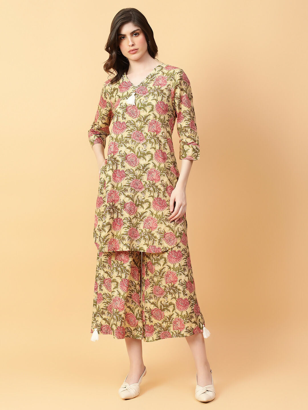 Joban Fashion Beige Cotton Printed & Hand Work Co-ord Set